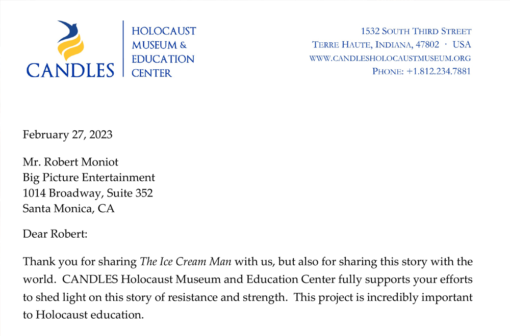Candles Museum letter of support for The Ice Cream Man movie
